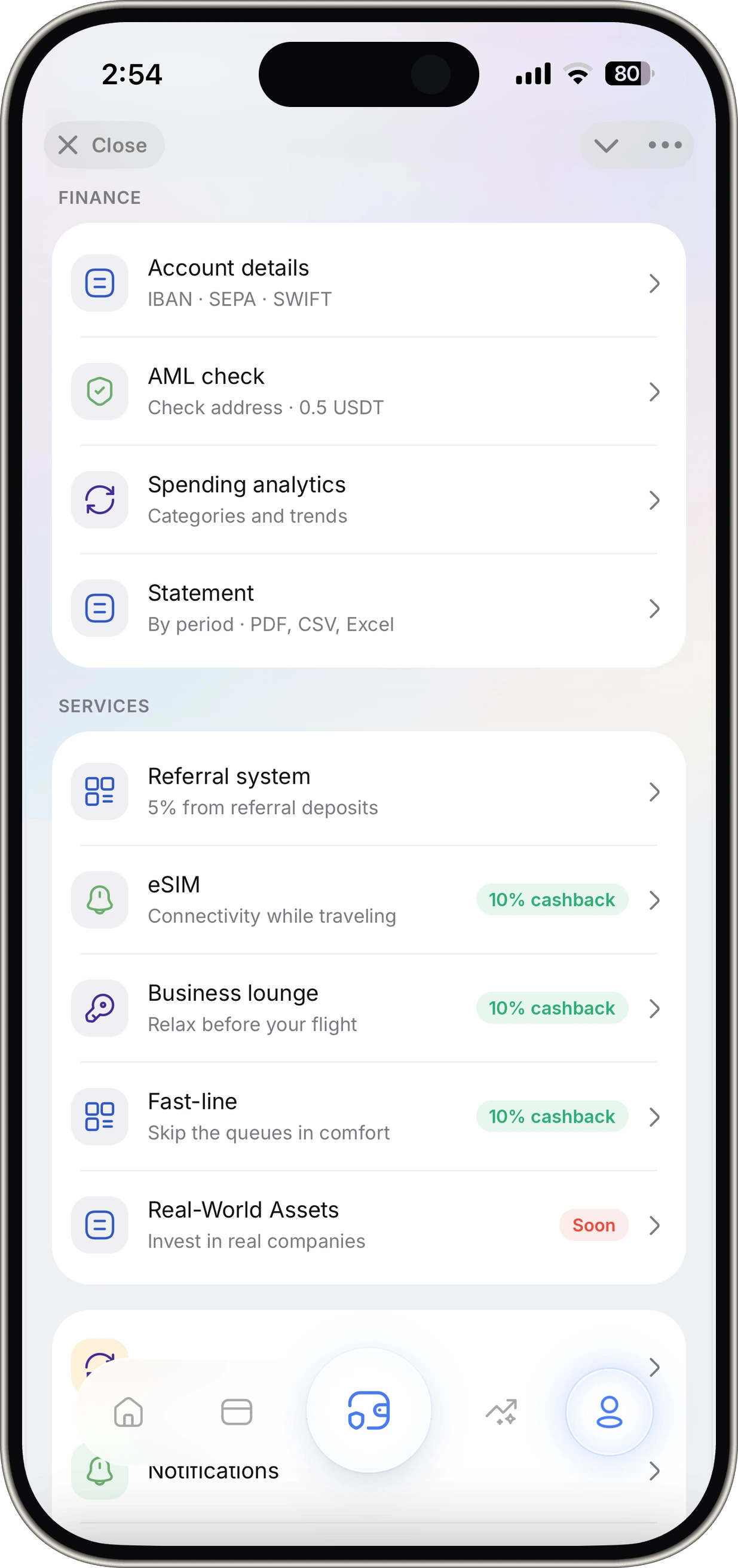 Services screen