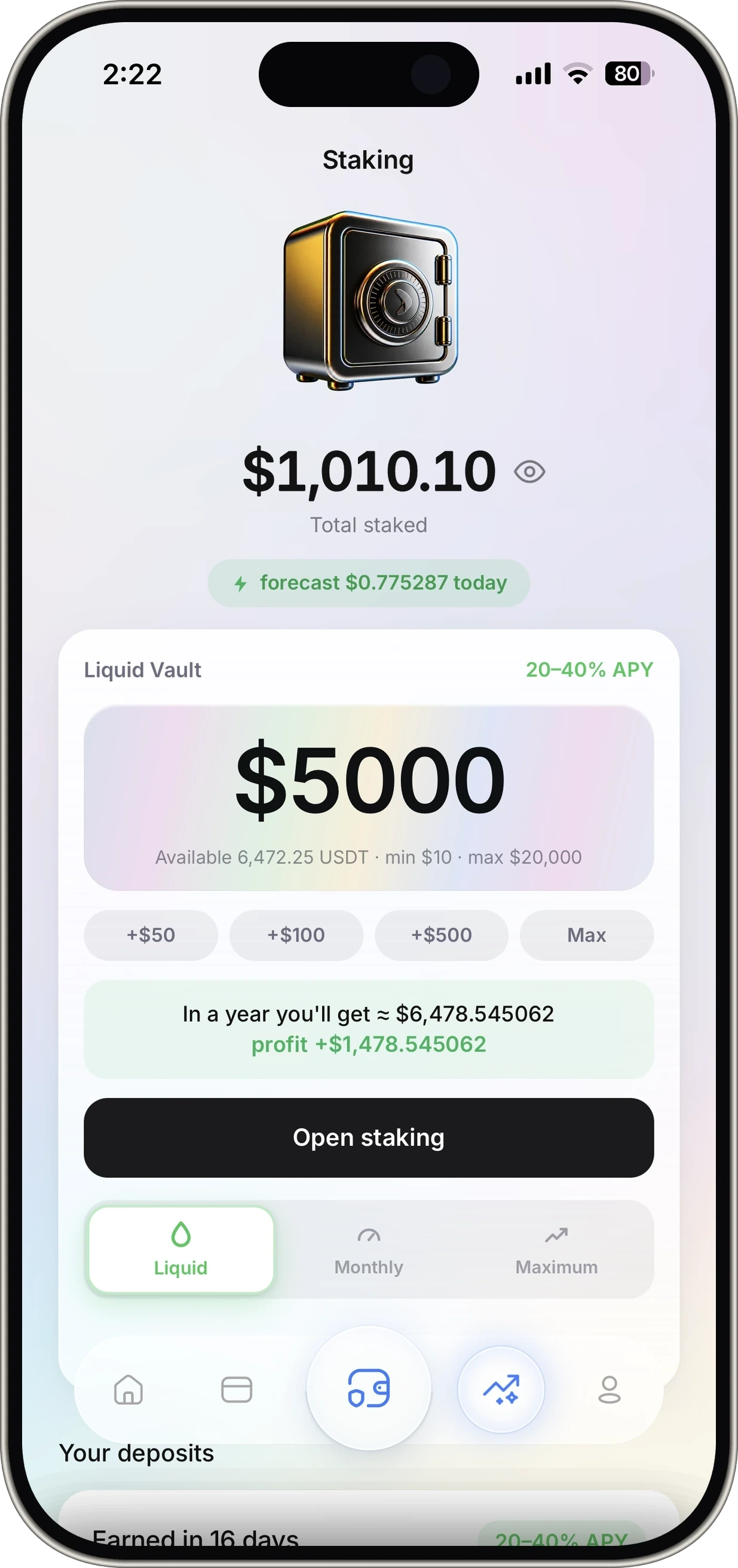 Staking screen with the vault calculator