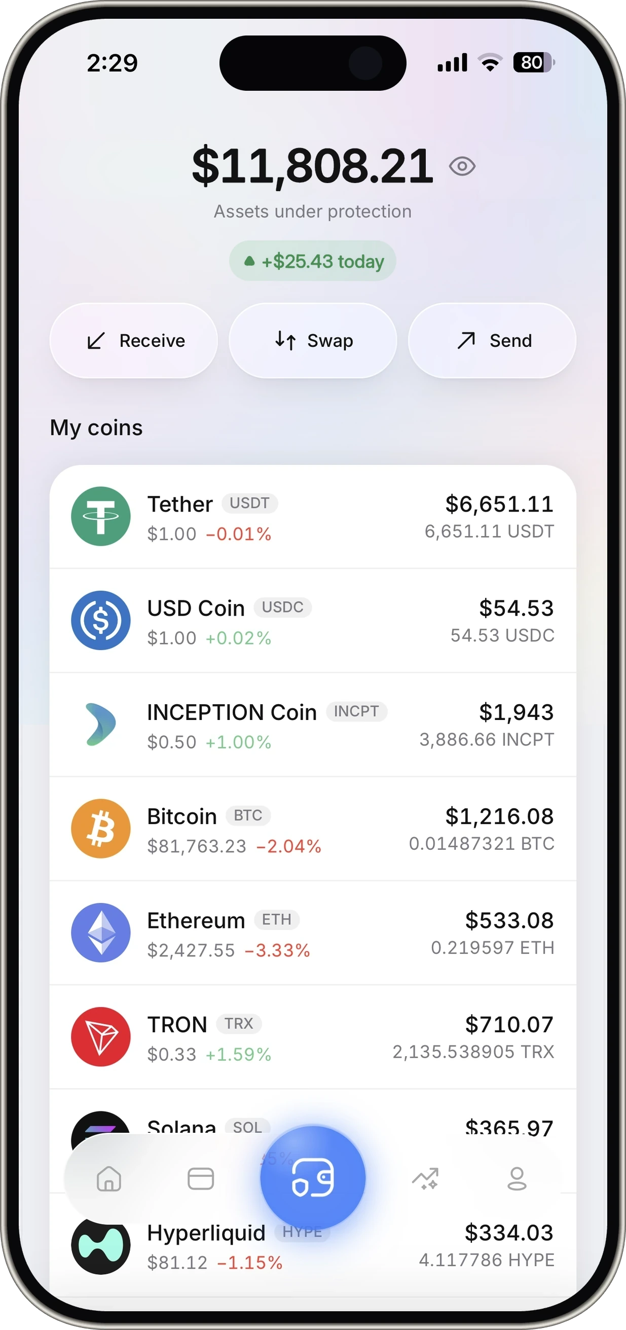 Wallet screen with the coin list